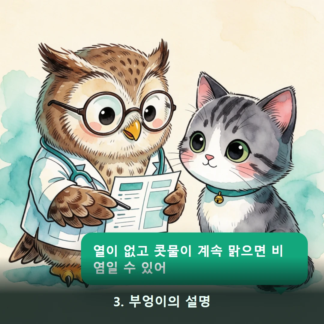 웹툰 3컷 — 3. 부엉이의 설명 (열이 없고 콧물이 계속 맑으면 비염일 수 있어)