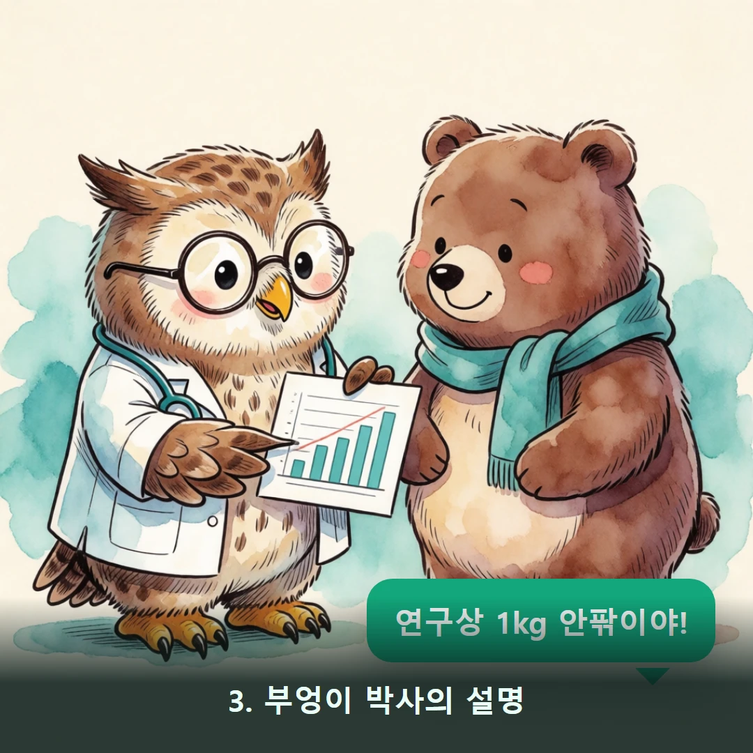 웹툰 3컷 — 3. 부엉이 박사의 설명 (연구상 1kg 안팎이야!)