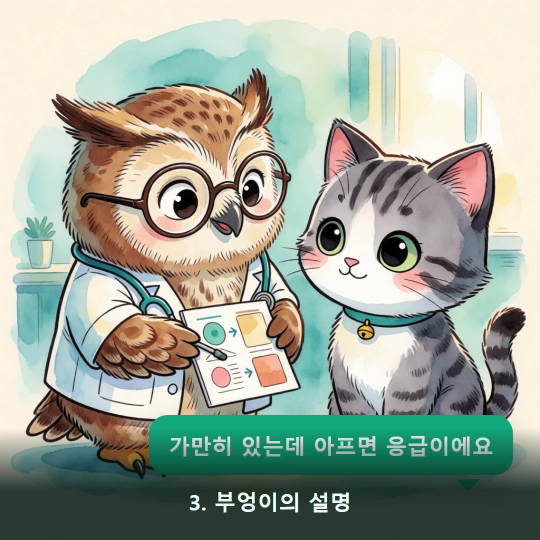 웹툰 3컷 — 3. 부엉이의 설명 (가만히 있는데 아프면 응급이에요)