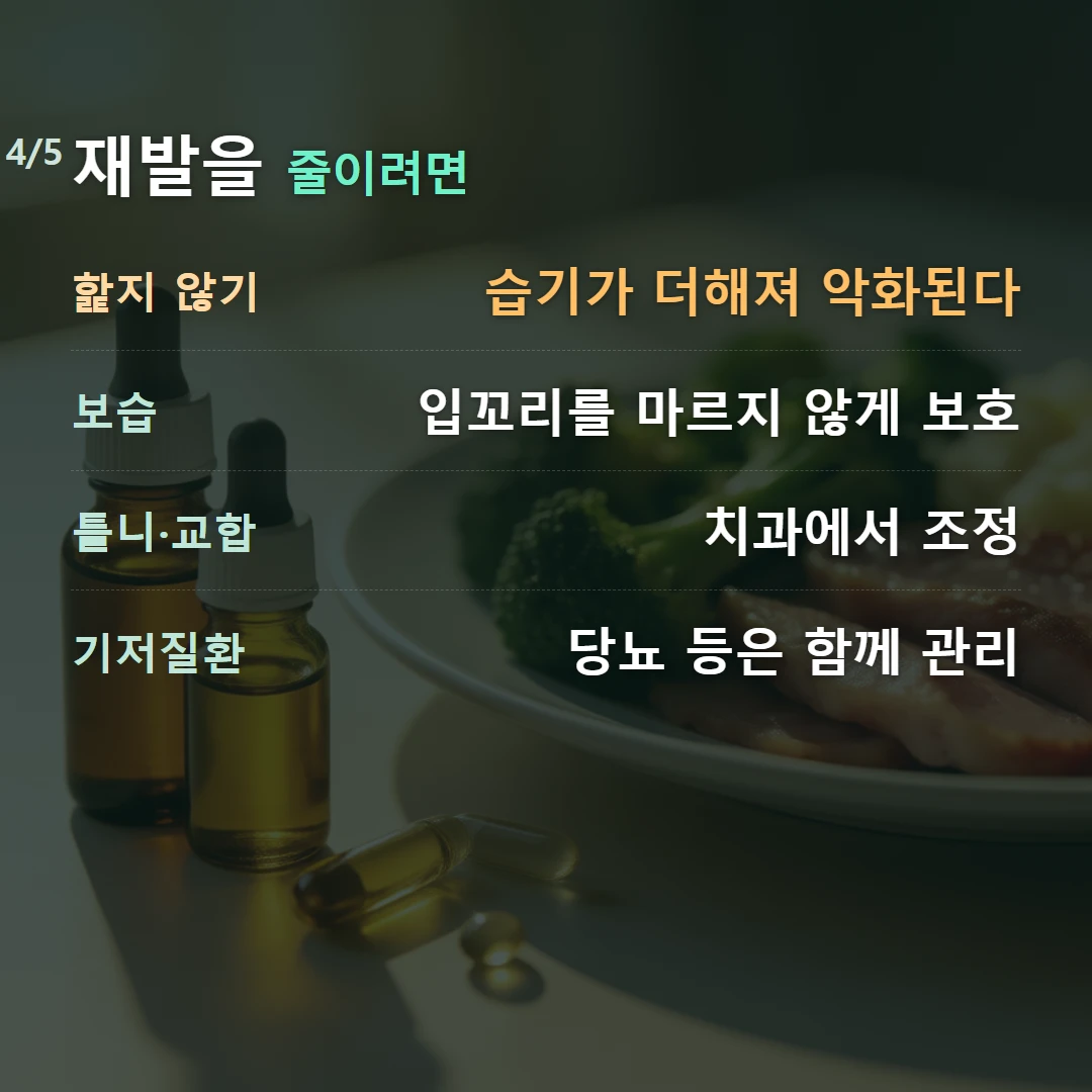 재발을 줄이려면 — 핥지 않기 습기가 더해져 악화된다, 보습 입꼬리를 마르지 않게 보호, 틀니·교합 치과에서 조정, 기저질환 당뇨 등은 함께 관리