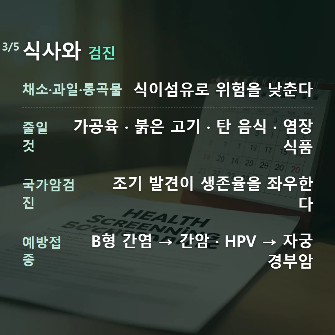 식사와 검진 — 채소·과일·통곡물 식이섬유로 위험을 낮춘다, 줄일 것 가공육 · 붉은 고기 · 탄 음식 · 염장식품, 국가암검진 조기 발견이 생존율을 좌우한다, 예방접종 B형 간염 → 간암 · HPV → 자궁경부암