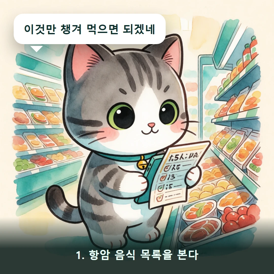 웹툰 1컷 — 1. 항암 음식 목록을 본다 (이것만 챙겨 먹으면 되겠네)