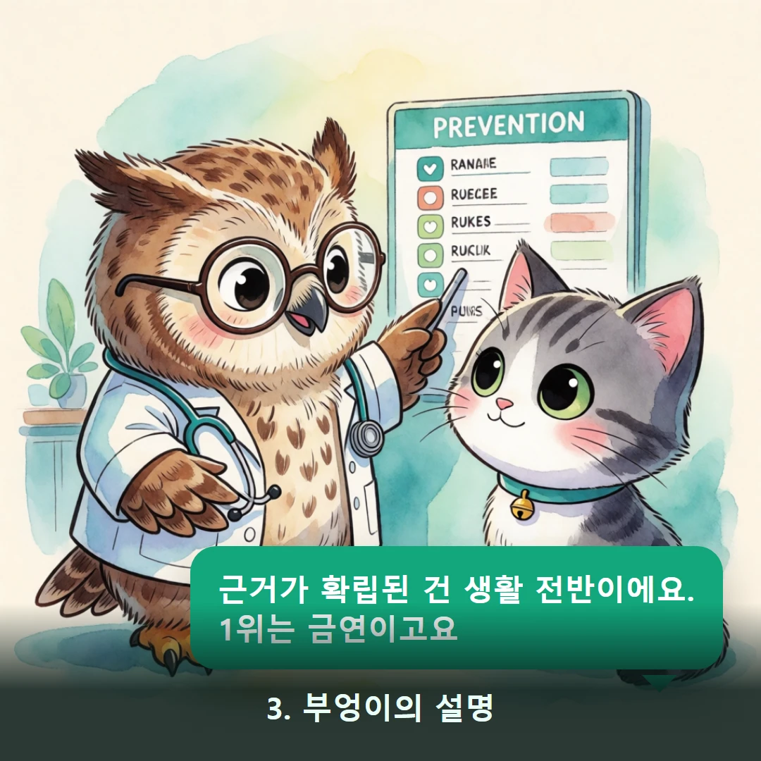 웹툰 3컷 — 3. 부엉이의 설명 (근거가 확립된 건 생활 전반이에요. 1위는 금연이고요)