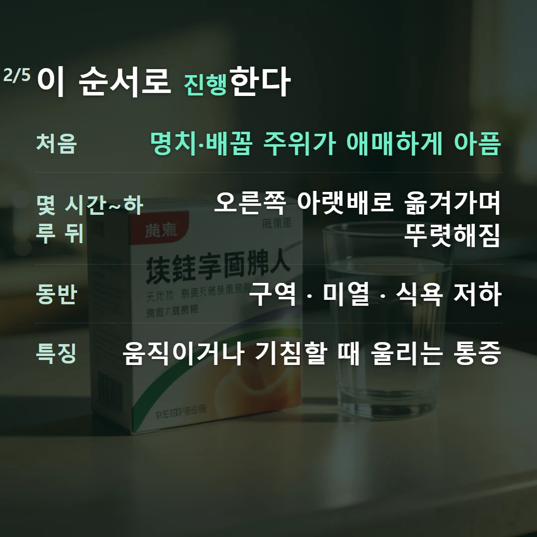 이 순서로 진행한다 — 처음 명치·배꼽 주위가 애매하게 아픔, 몇 시간~하루 뒤 오른쪽 아랫배로 옮겨가며 뚜렷해짐, 동반 구역 · 미열 · 식욕 저하, 특징 움직이거나 기침할 때 울리는 통증