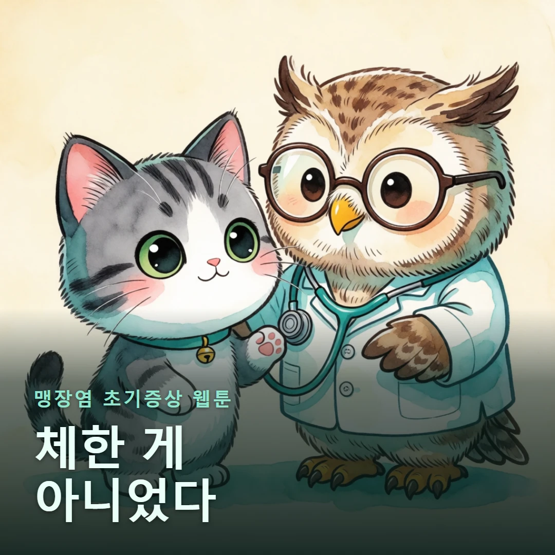 맹장염 초기증상 웹툰 표지 — 체한 게 아니었다