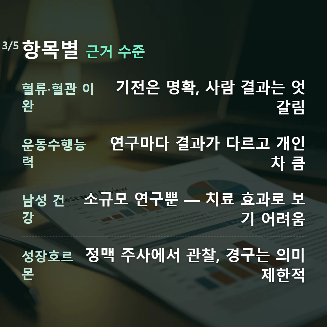 항목별 근거 수준 — 혈류·혈관 이완 기전은 명확, 사람 결과는 엇갈림, 운동수행능력 연구마다 결과가 다르고 개인차 큼, 남성 건강 소규모 연구뿐 — 치료 효과로 보기 어려움, 성장호르몬 정맥 주사에서 관찰, 경구는 의미 제한적