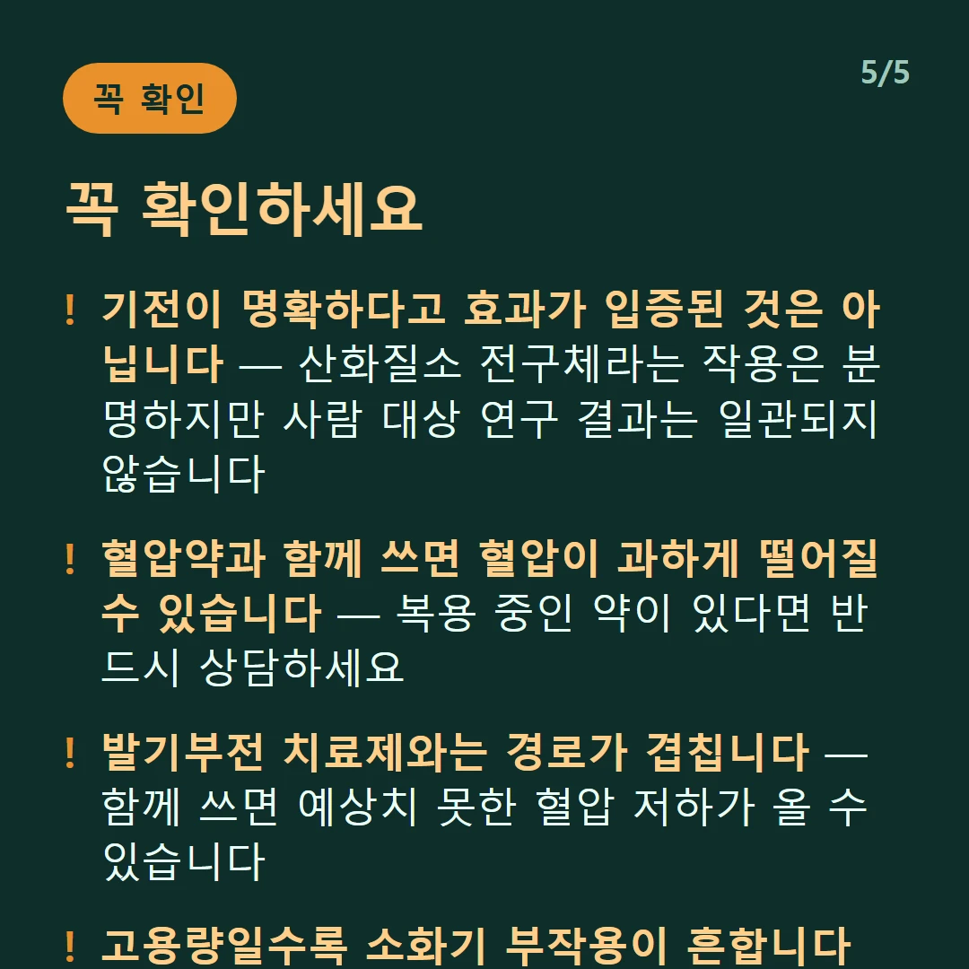꼭 확인하세요 — 기전이 명확하다고 효과가 입증된 것은 아닙니다 — 산화질소 전구체라는 작용은 분명하지만 사람 대상 연구 결과는 일관되지 않습니다 / 혈압약과 함께 쓰면 혈압이 과하게 떨어질 수 있습니다 — 복용 중인 약이 있다면 반드시 상담하세요 / 발기부전 치료제와는 경로가 겹칩니다 — 함께 쓰면 예상치 못한 혈압 저하가 올 수 있습니다 / 고용량일수록 소화기 부작용이 흔합니다 — 복통과 설사가 대표적이므로 용량을 늘려 효과를 보려는 접근은 권하지 않습니다