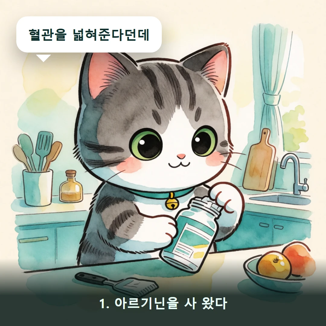 웹툰 1컷 — 1. 아르기닌을 사 왔다 (혈관을 넓혀준다던데)