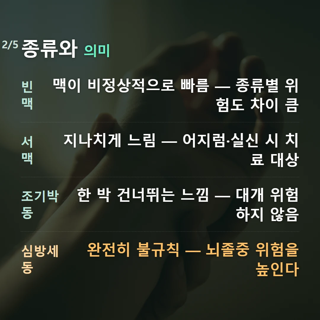 종류와 의미 — 빈맥 맥이 비정상적으로 빠름 — 종류별 위험도 차이 큼, 서맥 지나치게 느림 — 어지럼·실신 시 치료 대상, 조기박동 한 박 건너뛰는 느낌 — 대개 위험하지 않음, 심방세동 완전히 불규칙 — 뇌졸중 위험을 높인다