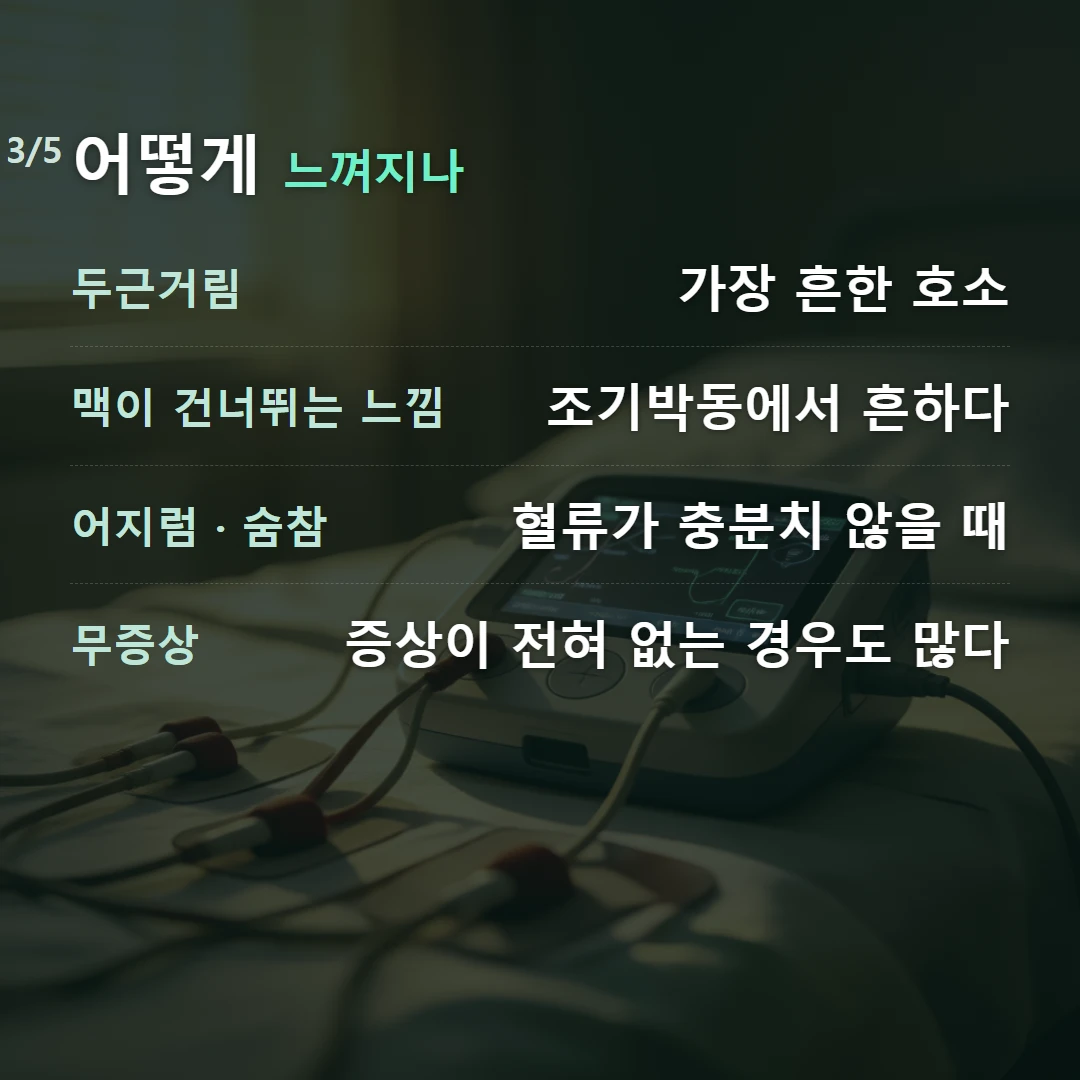 어떻게 느껴지나 — 두근거림 가장 흔한 호소, 맥이 건너뛰는 느낌 조기박동에서 흔하다, 어지럼 · 숨참 혈류가 충분치 않을 때, 무증상 증상이 전혀 없는 경우도 많다