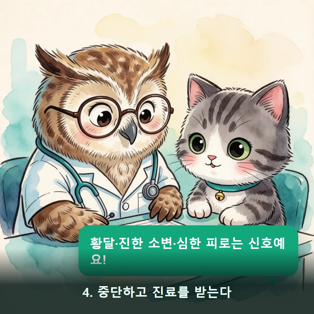 웹툰 4컷 — 4. 중단하고 진료를 받는다 (황달·진한 소변·심한 피로는 신호예요!)