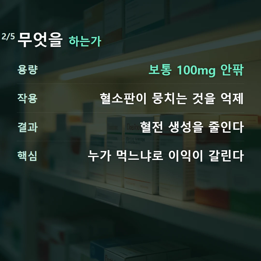 무엇을 하는가 — 용량 보통 100mg 안팎, 작용 혈소판이 뭉치는 것을 억제, 결과 혈전 생성을 줄인다, 핵심 누가 먹느냐로 이익이 갈린다