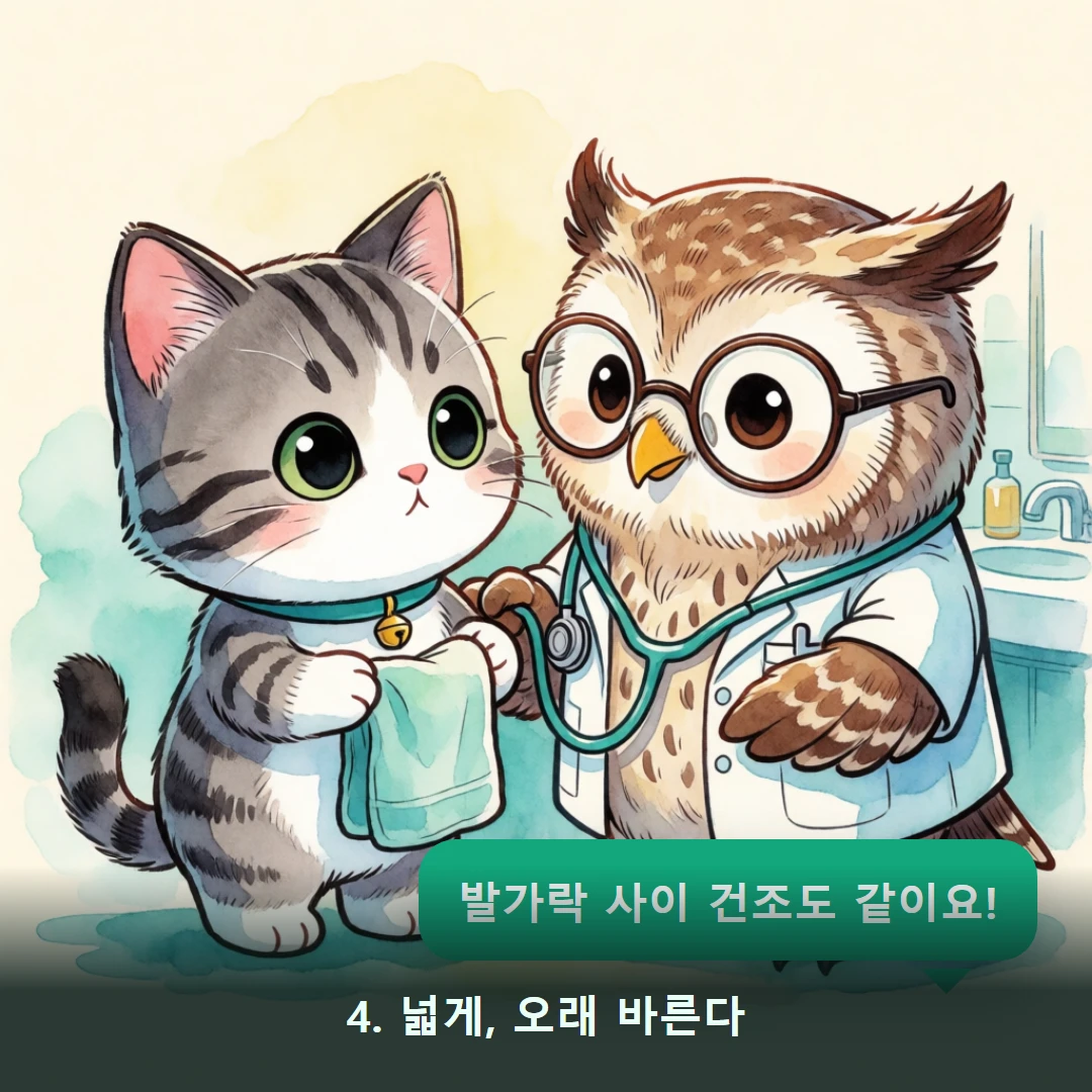 웹툰 4컷 — 4. 넓게, 오래 바른다 (발가락 사이 건조도 같이요!)