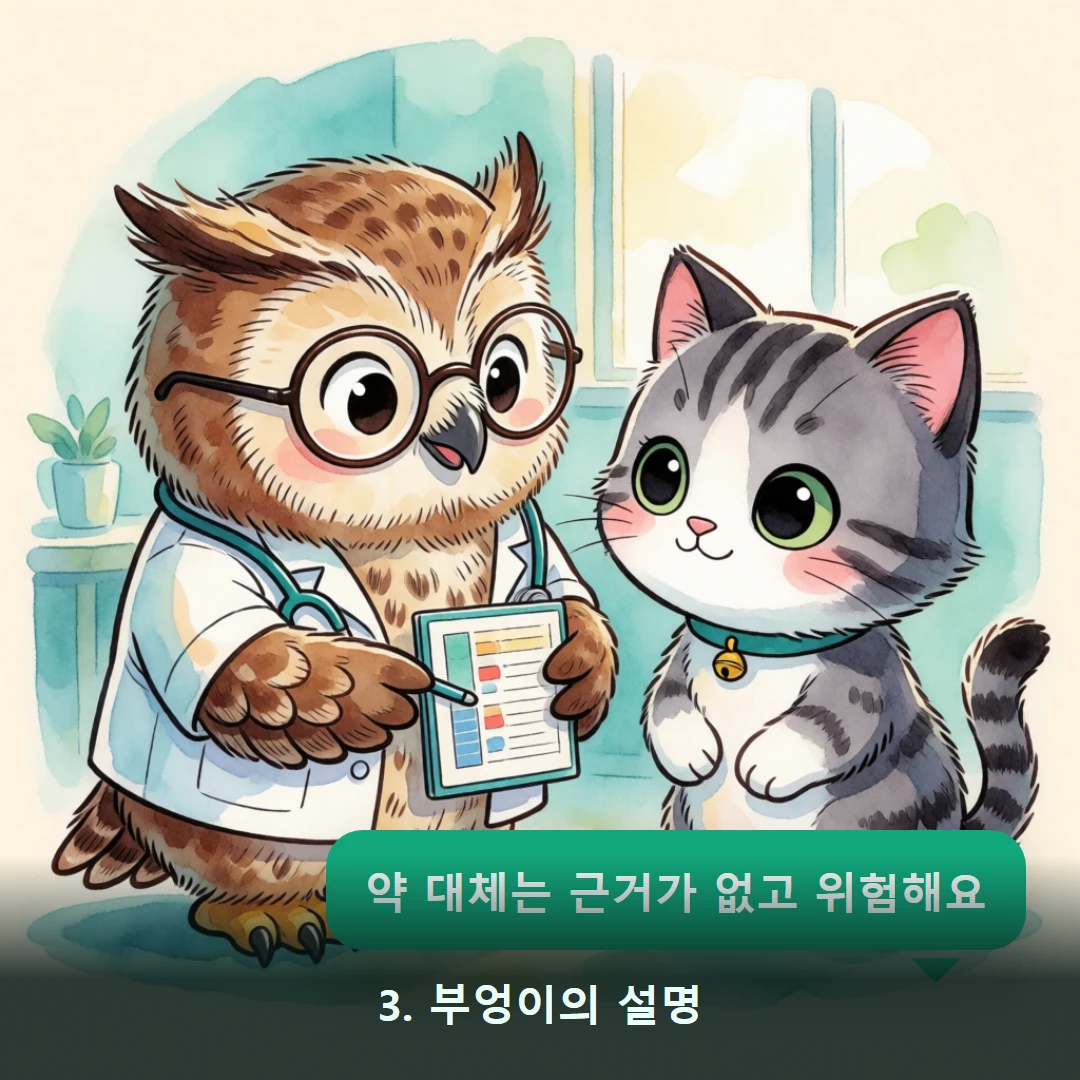 웹툰 3컷 — 3. 부엉이의 설명 (약 대체는 근거가 없고 위험해요)