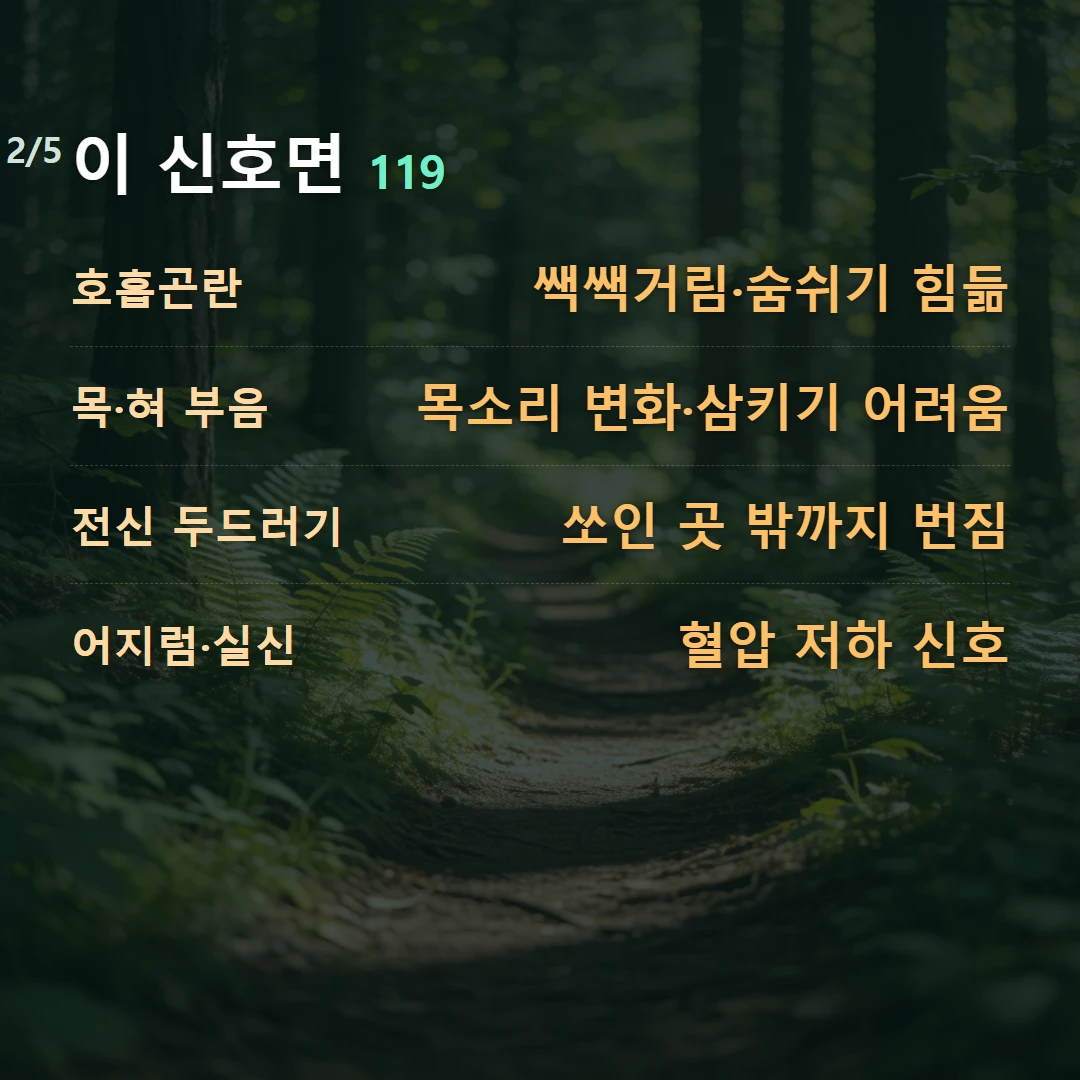 이 신호면 119 — 호흡곤란 쌕쌕거림·숨쉬기 힘듦, 목·혀 부음 목소리 변화·삼키기 어려움, 전신 두드러기 쏘인 곳 밖까지 번짐, 어지럼·실신 혈압 저하 신호