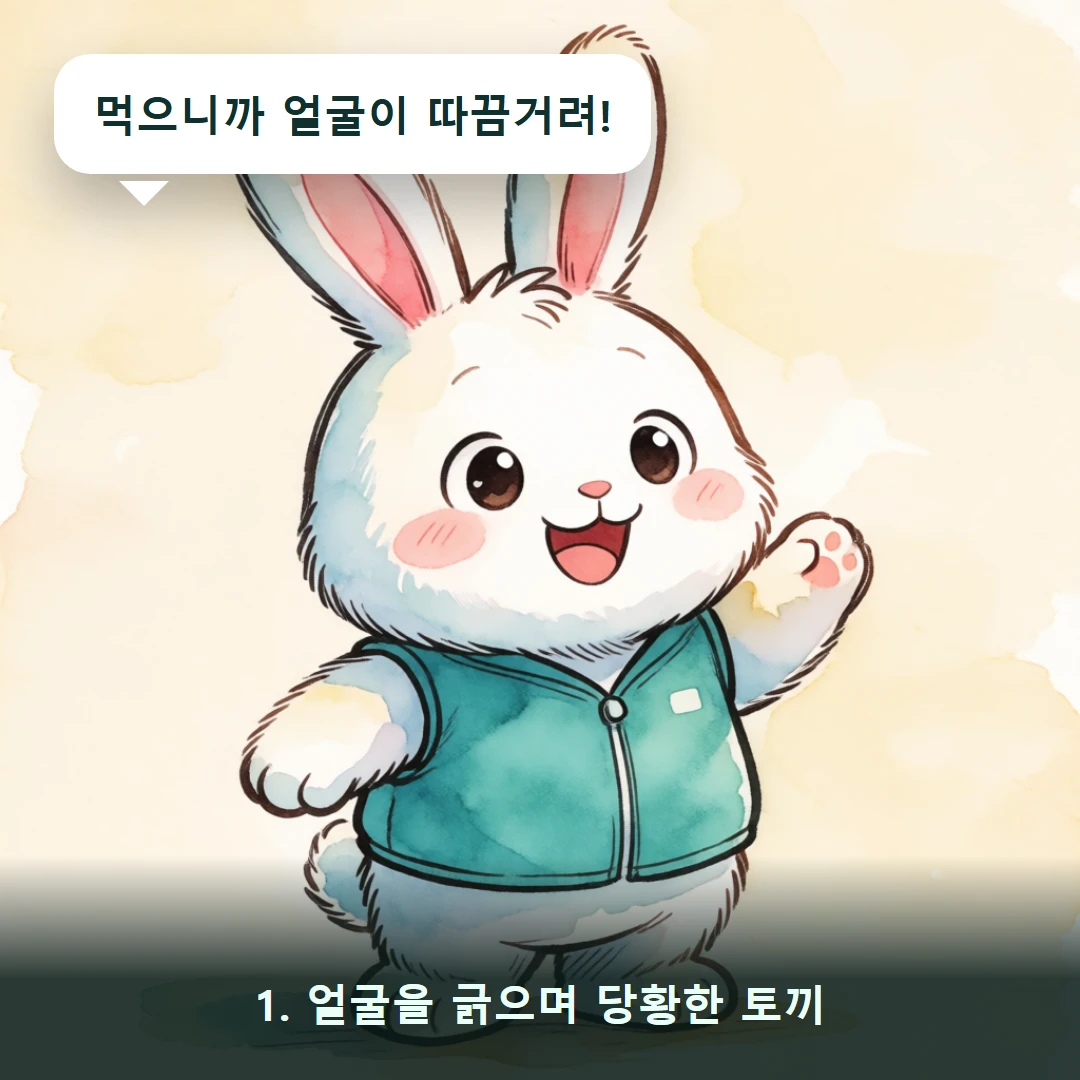 웹툰 1컷 — 1. 얼굴을 긁으며 당황한 토끼 (먹으니까 얼굴이 따끔거려!)