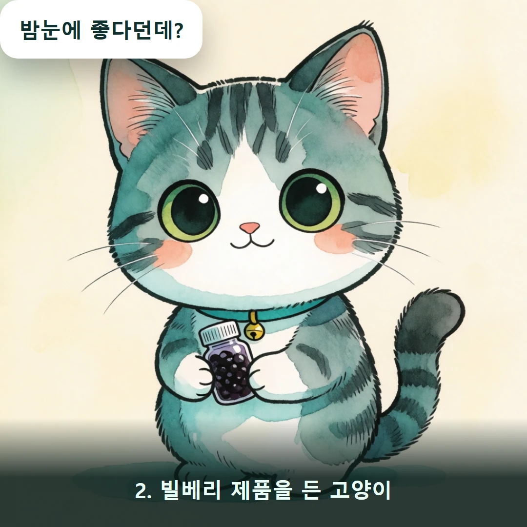 웹툰 2컷 — 2. 빌베리 제품을 든 고양이 (밤눈에 좋다던데?)