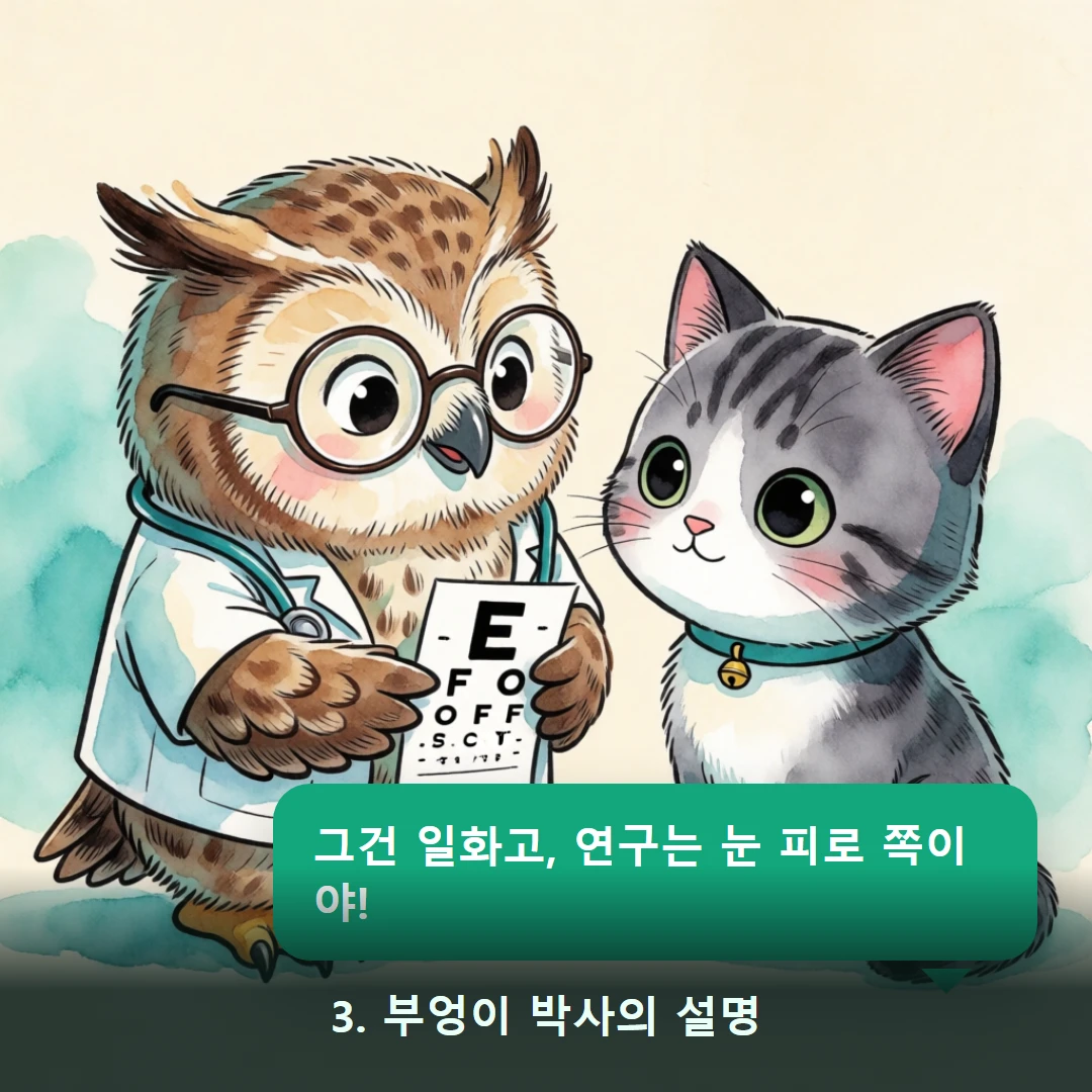 웹툰 3컷 — 3. 부엉이 박사의 설명 (그건 일화고, 연구는 눈 피로 쪽이야!)