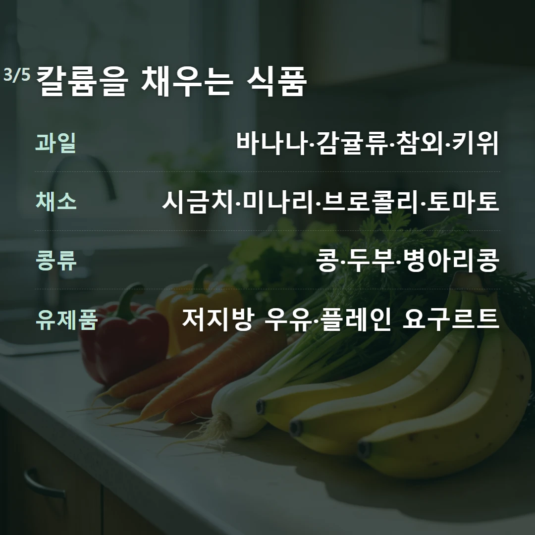 칼륨을 채우는 식품 — 과일 바나나·감귤류·참외·키위, 채소 시금치·미나리·브로콜리·토마토, 콩류 콩·두부·병아리콩, 유제품 저지방 우유·플레인 요구르트