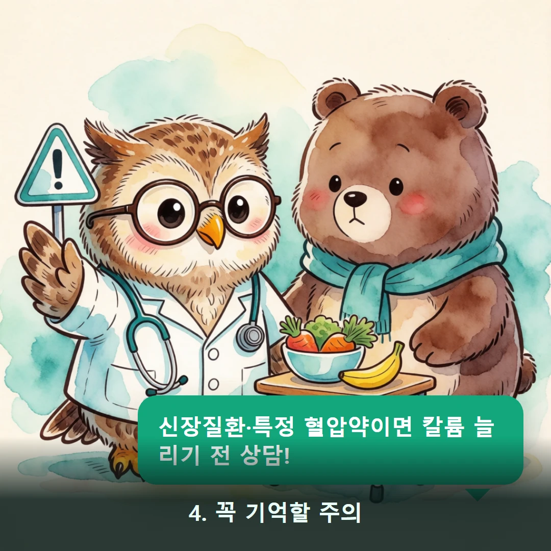 웹툰 4컷 — 4. 꼭 기억할 주의 (신장질환·특정 혈압약이면 칼륨 늘리기 전 상담!)