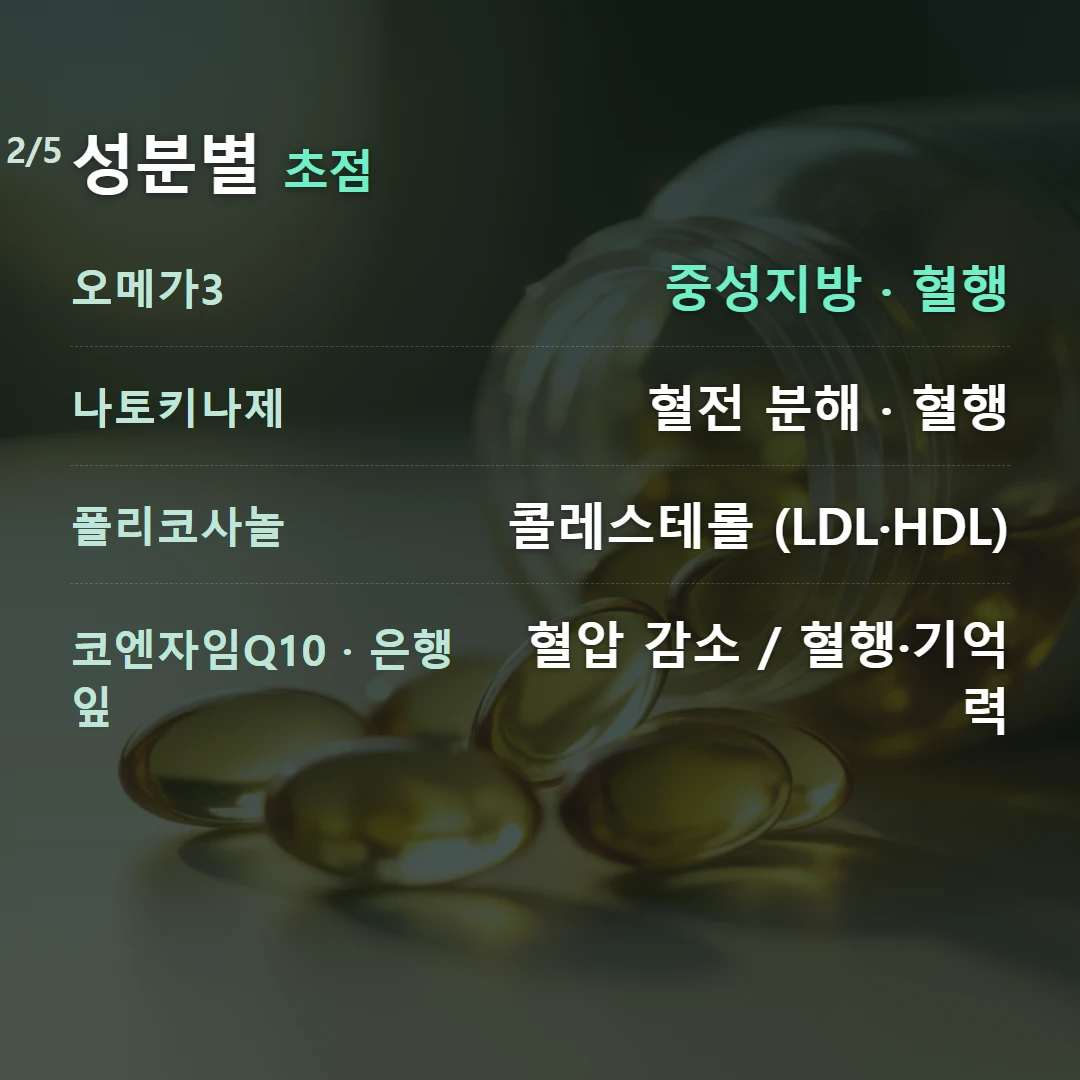 성분별 초점 — 오메가3 중성지방 · 혈행, 나토키나제 혈전 분해 · 혈행, 폴리코사놀 콜레스테롤 (LDL·HDL), 코엔자임Q10 · 은행잎 혈압 감소 / 혈행·기억력