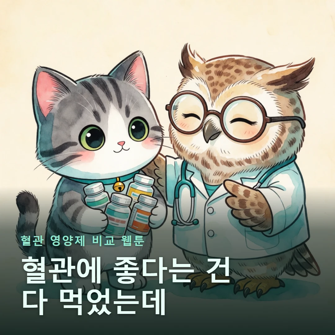 혈관 영양제 비교 웹툰 표지 — 혈관에 좋다는 건 다 먹었는데