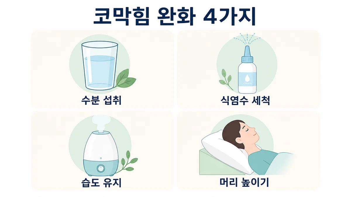 코막힘 완화 방법 4가지 도표 — 수분 섭취, 생리식염수 세척, 습도 유지, 머리 높이기