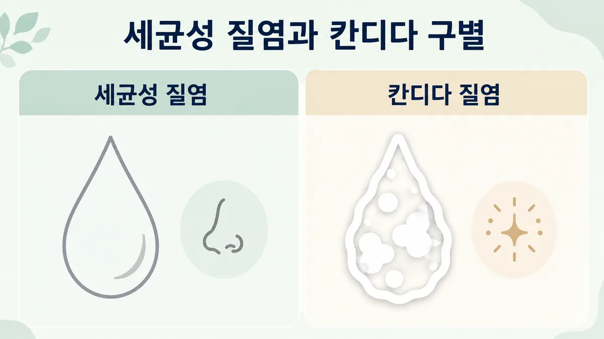 세균성 질염과 칸디다 질염 비교 도표 — 분비물 양상과 냄새, 가려움의 차이