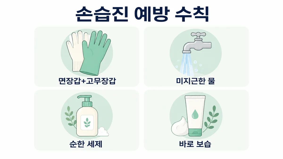 손습진 예방 수칙 도표 — 면장갑 착용, 미지근한 물, 순한 세제, 즉시 보습