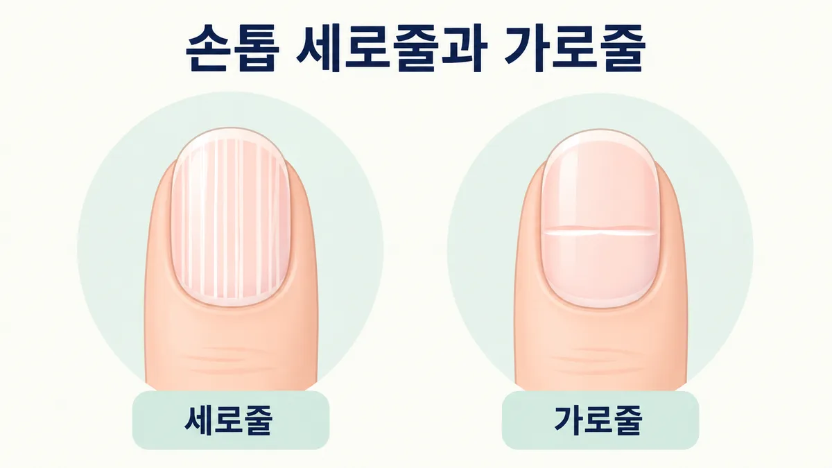 손톱 세로줄과 가로줄 비교 도표 — 세로줄은 대개 노화에 따른 정상 변화, 가로줄은 전신 상태 반영