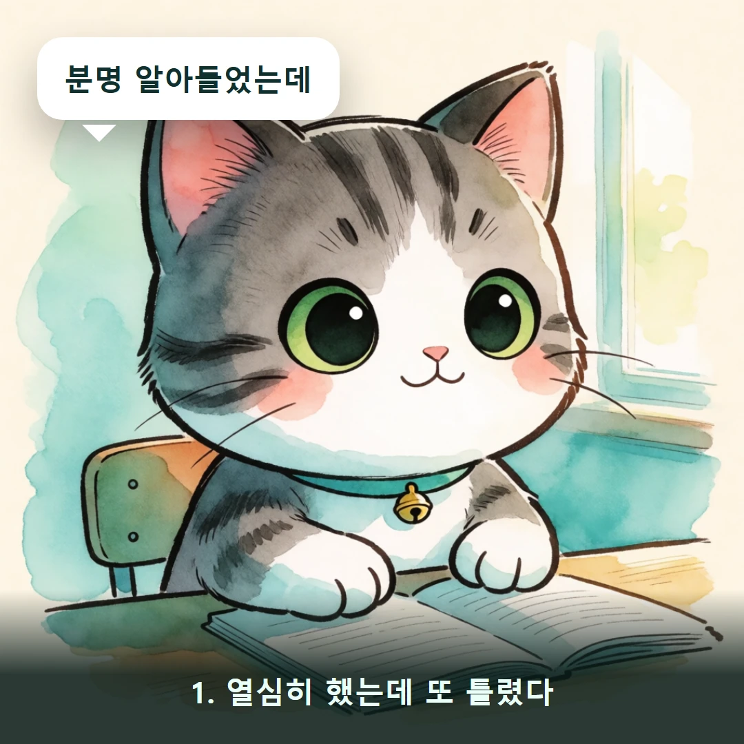 웹툰 1컷 — 1. 열심히 했는데 또 틀렸다 (분명 알아들었는데)
