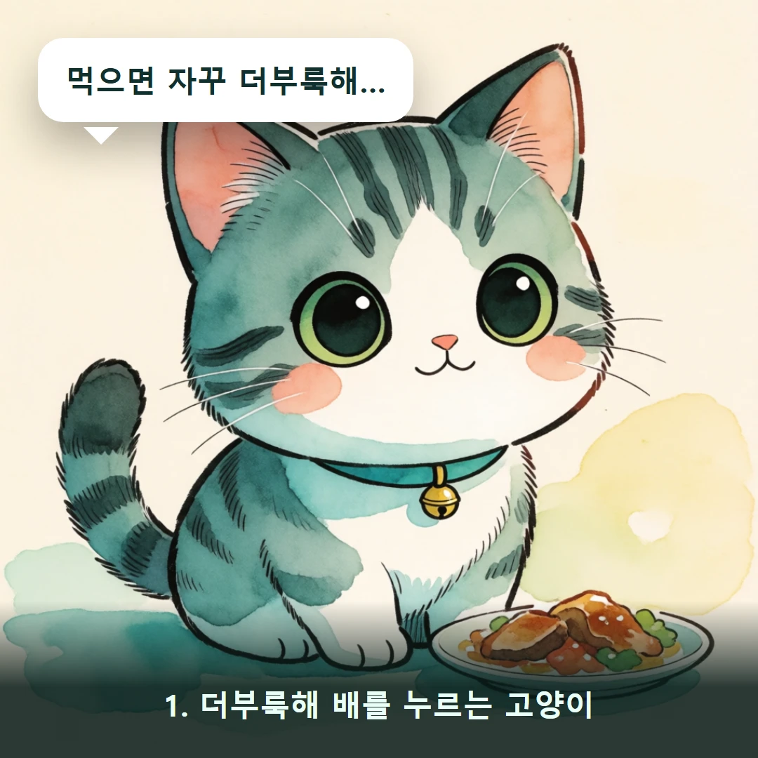 웹툰 1컷 — 1. 더부룩해 배를 누르는 고양이 (먹으면 자꾸 더부룩해…)