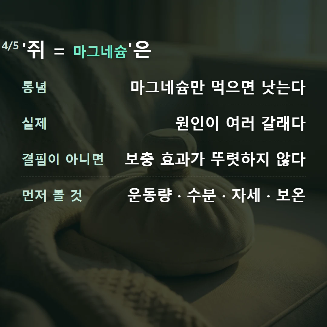 '쥐 = 마그네슘'은 — 통념 마그네슘만 먹으면 낫는다, 실제 원인이 여러 갈래다, 결핍이 아니면 보충 효과가 뚜렷하지 않다, 먼저 볼 것 운동량 · 수분 · 자세 · 보온