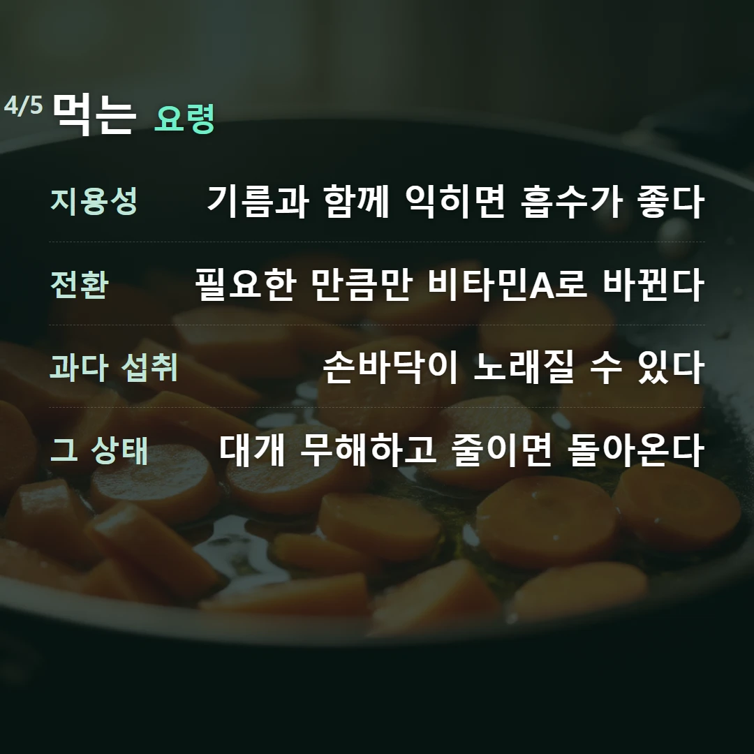 먹는 요령 — 지용성 기름과 함께 익히면 흡수가 좋다, 전환 필요한 만큼만 비타민A로 바뀐다, 과다 섭취 손바닥이 노래질 수 있다, 그 상태 대개 무해하고 줄이면 돌아온다