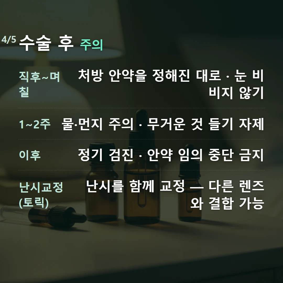 수술 후 주의 — 직후~며칠 처방 안약을 정해진 대로 · 눈 비비지 않기, 1~2주 물·먼지 주의 · 무거운 것 들기 자제, 이후 정기 검진 · 안약 임의 중단 금지, 난시교정(토릭) 난시를 함께 교정 — 다른 렌즈와 결합 가능