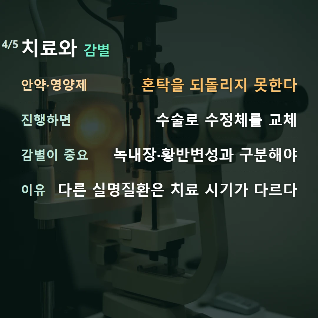 치료와 감별 — 안약·영양제 혼탁을 되돌리지 못한다, 진행하면 수술로 수정체를 교체, 감별이 중요 녹내장·황반변성과 구분해야, 이유 다른 실명질환은 치료 시기가 다르다