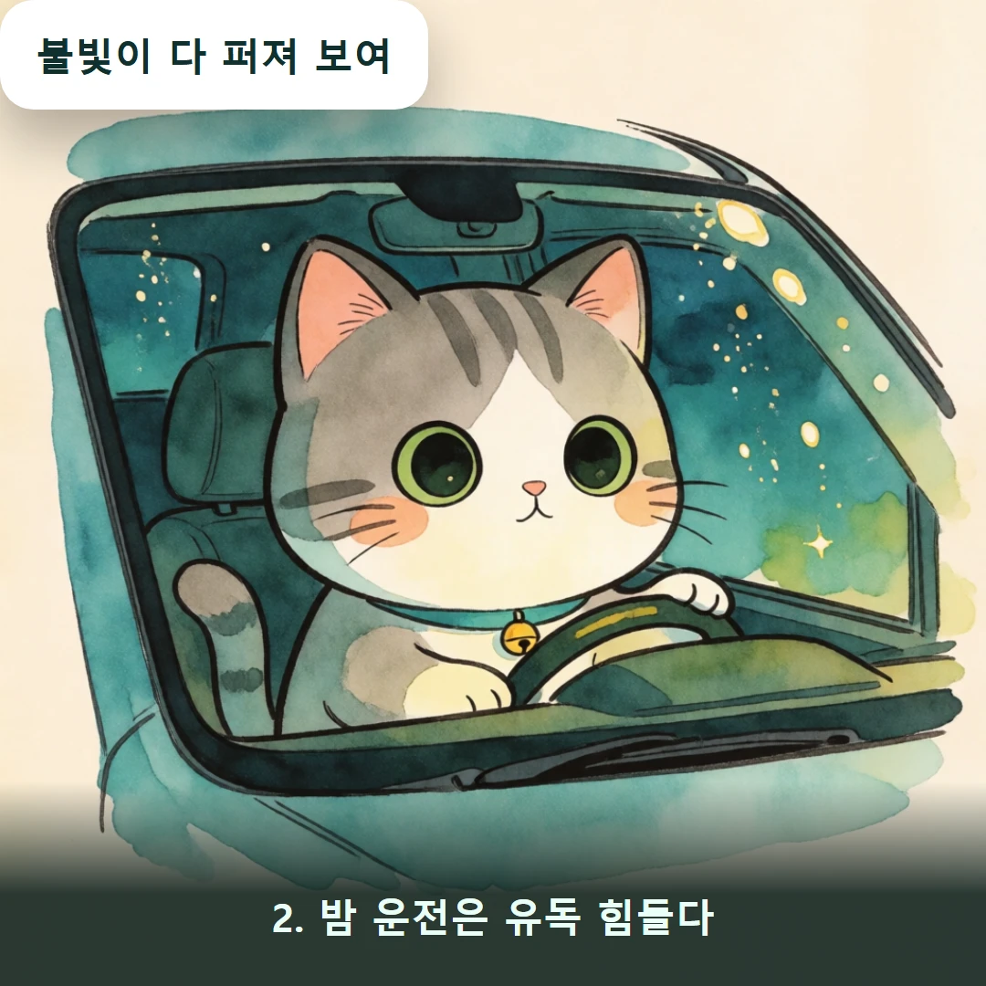 웹툰 2컷 — 2. 밤 운전은 유독 힘들다 (불빛이 다 퍼져 보여)