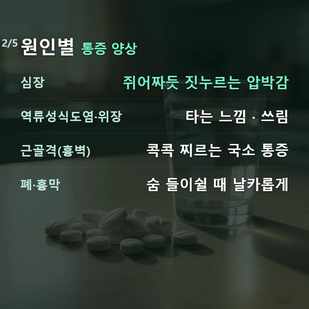 원인별 통증 양상 — 심장 쥐어짜듯 짓누르는 압박감, 역류성식도염·위장 타는 느낌 · 쓰림, 근골격(흉벽) 콕콕 찌르는 국소 통증, 폐·흉막 숨 들이쉴 때 날카롭게