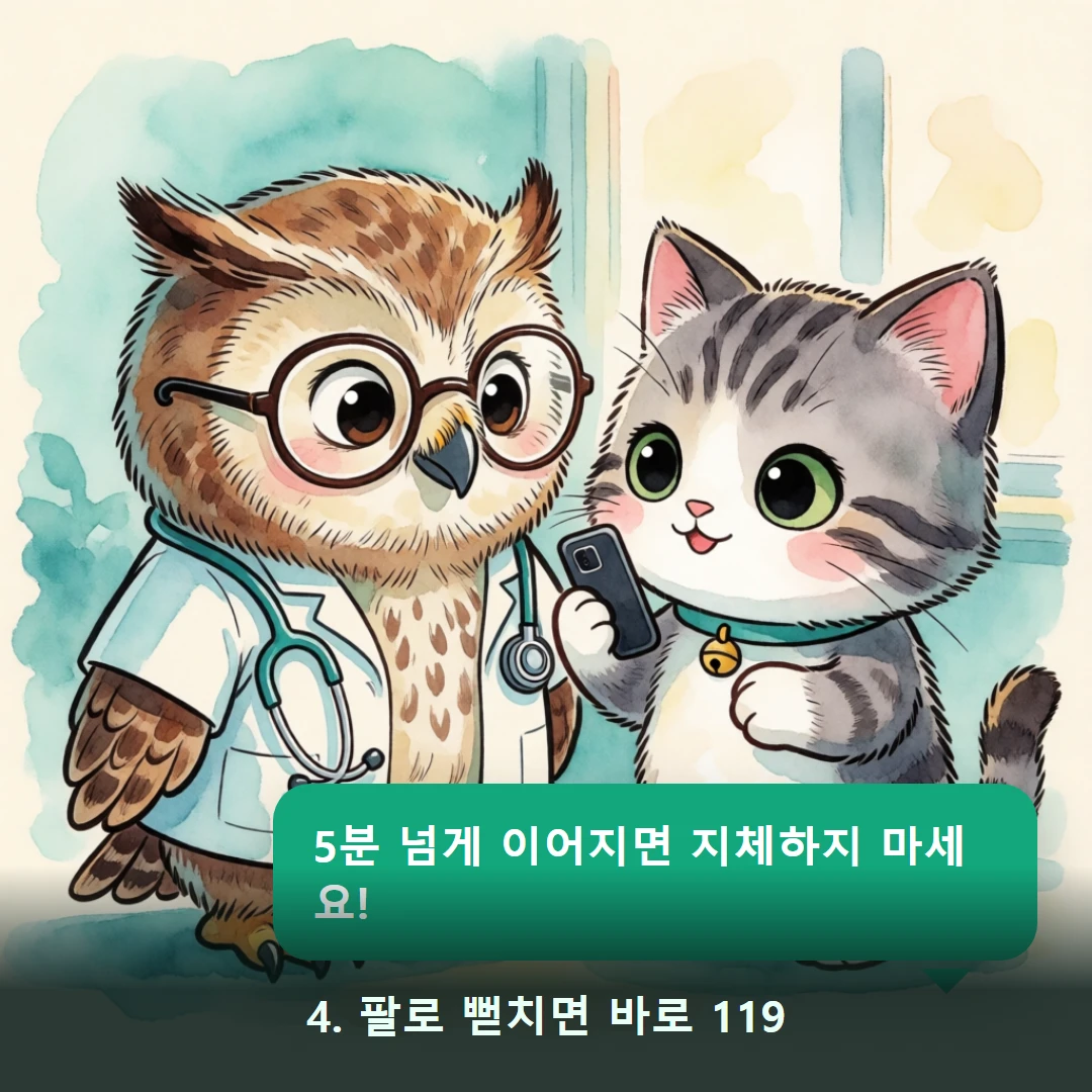 웹툰 4컷 — 4. 팔로 뻗치면 바로 119 (5분 넘게 이어지면 지체하지 마세요!)