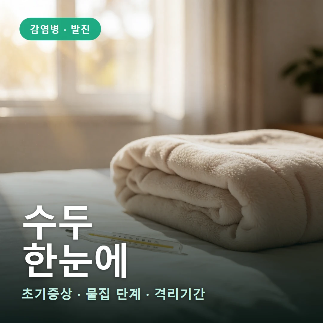 수두 요약 표지 — 초기증상 · 물집 단계 · 격리기간