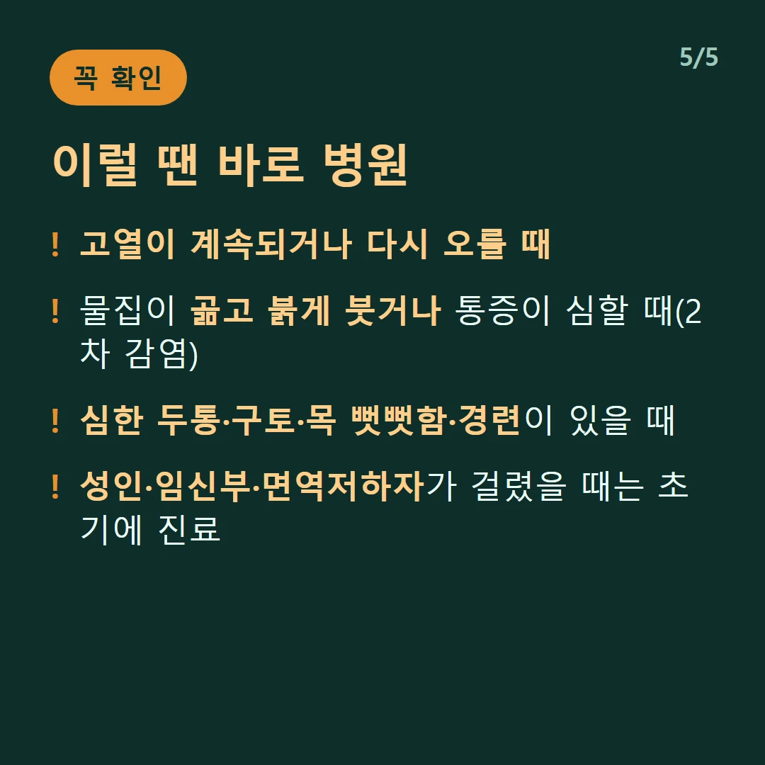 이럴 땐 바로 병원 — 고열이 계속되거나 다시 오를 때 / 물집이 곪고 붉게 붓거나 통증이 심할 때(2차 감염) / 심한 두통·구토·목 뻣뻣함·경련이 있을 때 / 성인·임신부·면역저하자가 걸렸을 때는 초기에 진료