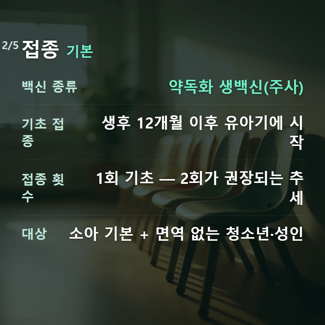 접종 기본 — 백신 종류 약독화 생백신(주사), 기초 접종 생후 12개월 이후 유아기에 시작, 접종 횟수 1회 기초 — 2회가 권장되는 추세, 대상 소아 기본 + 면역 없는 청소년·성인