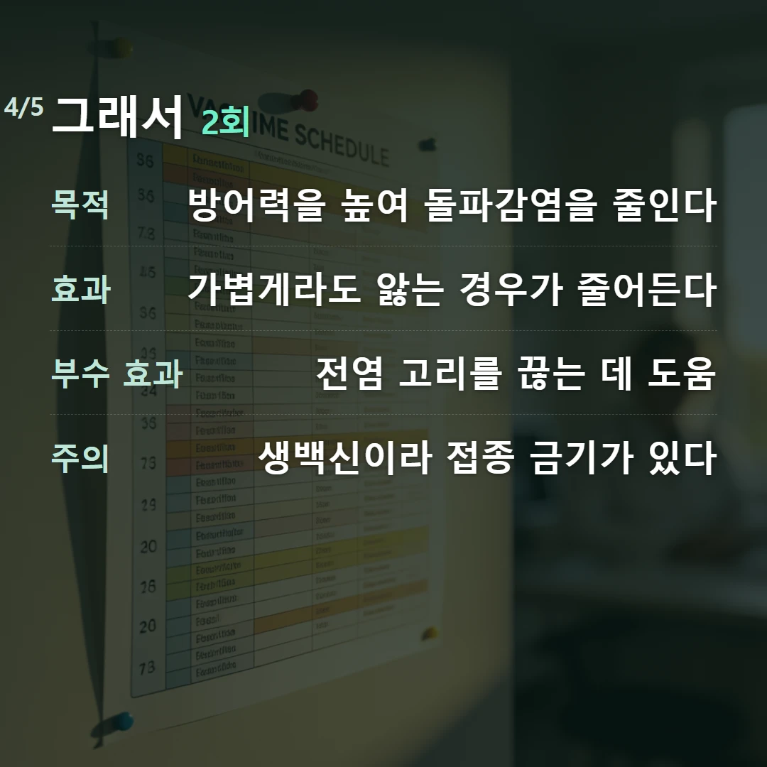 그래서 2회 — 목적 방어력을 높여 돌파감염을 줄인다, 효과 가볍게라도 앓는 경우가 줄어든다, 부수 효과 전염 고리를 끊는 데 도움, 주의 생백신이라 접종 금기가 있다