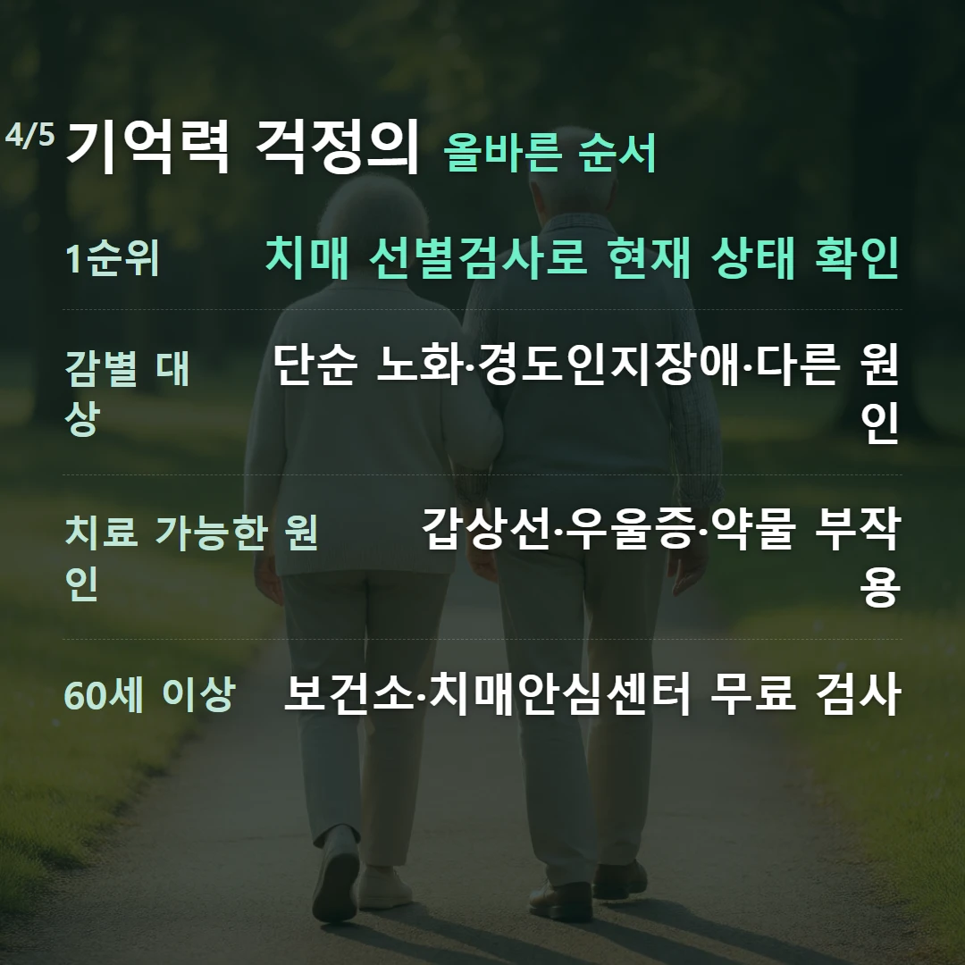 기억력 걱정의 올바른 순서 — 1순위 치매 선별검사로 현재 상태 확인, 감별 대상 단순 노화·경도인지장애·다른 원인, 치료 가능한 원인 갑상선·우울증·약물 부작용, 60세 이상 보건소·치매안심센터 무료 검사
