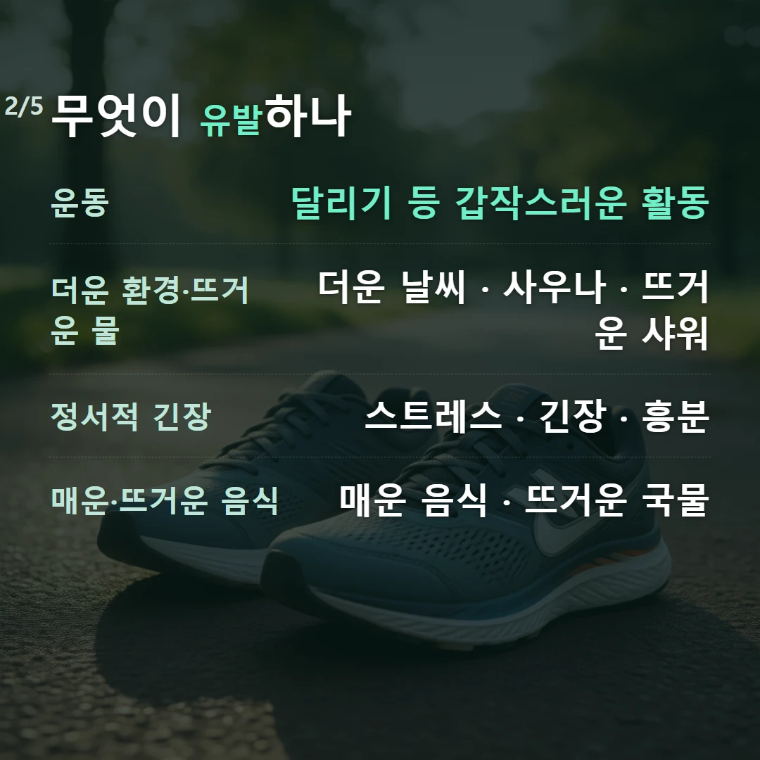 무엇이 유발하나 — 운동 달리기 등 갑작스러운 활동, 더운 환경·뜨거운 물 더운 날씨 · 사우나 · 뜨거운 샤워, 정서적 긴장 스트레스 · 긴장 · 흥분, 매운·뜨거운 음식 매운 음식 · 뜨거운 국물