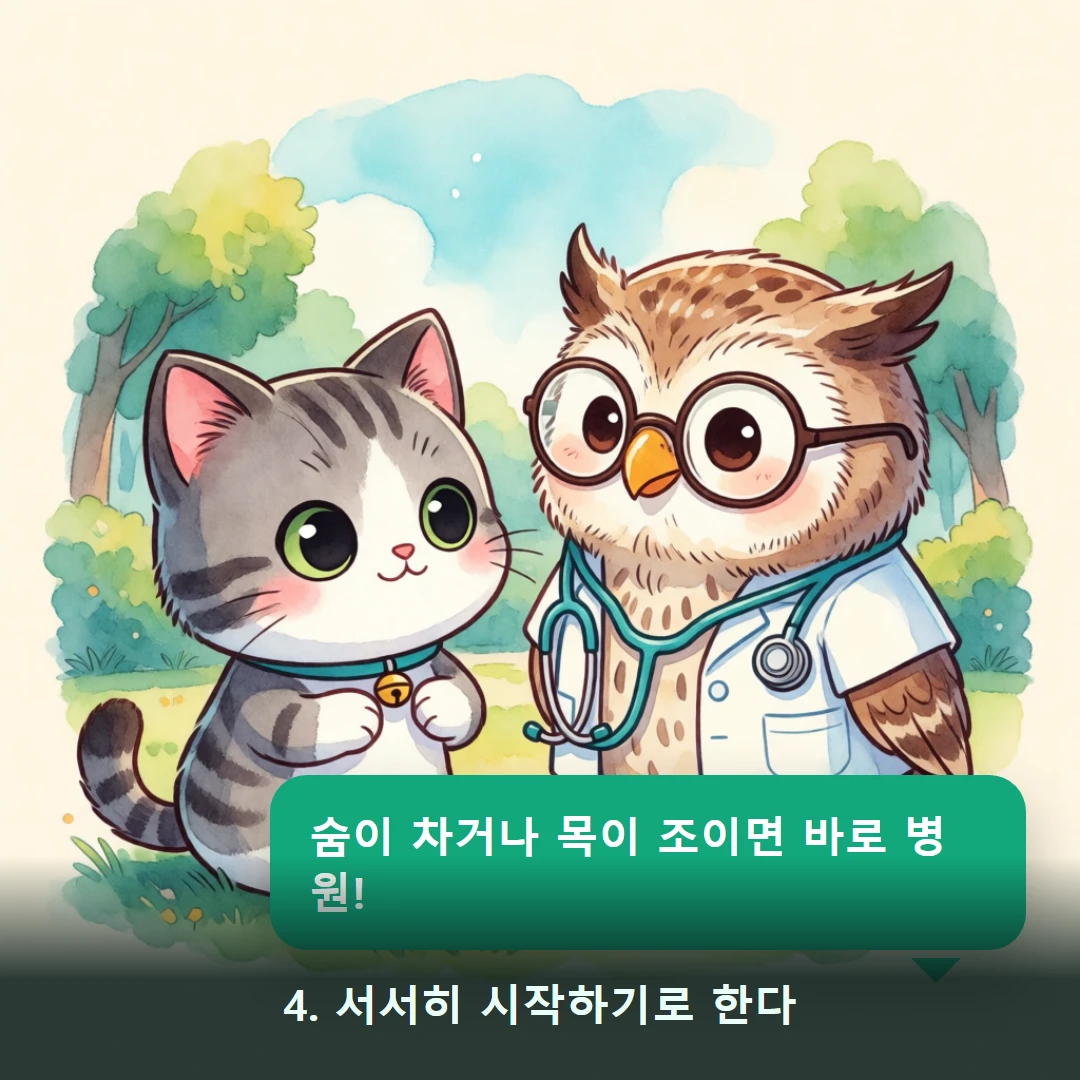 웹툰 4컷 — 4. 서서히 시작하기로 한다 (숨이 차거나 목이 조이면 바로 병원!)