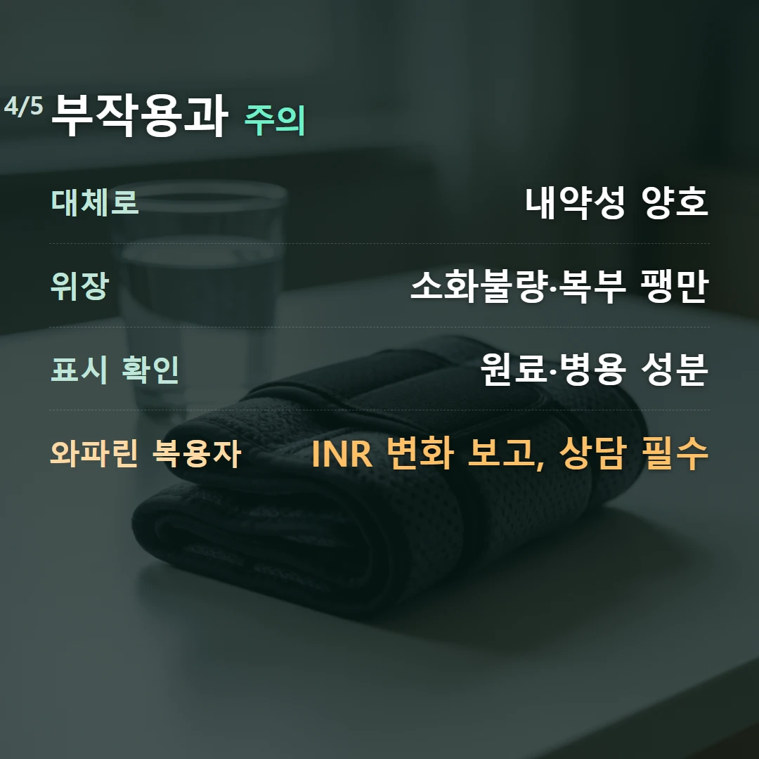 부작용과 주의 — 대체로 내약성 양호, 위장 소화불량·복부 팽만, 표시 확인 원료·병용 성분, 와파린 복용자 INR 변화 보고, 상담 필수