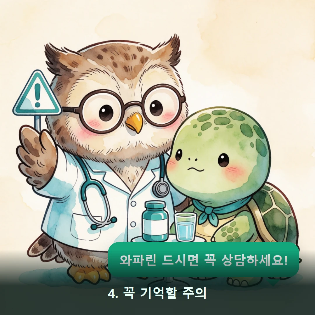 웹툰 4컷 — 4. 꼭 기억할 주의 (와파린 드시면 꼭 상담하세요!)