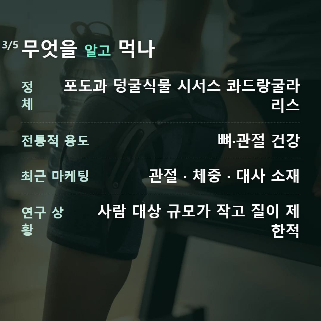 무엇을 알고 먹나 — 정체 포도과 덩굴식물 시서스 콰드랑굴라리스, 전통적 용도 뼈·관절 건강, 최근 마케팅 관절 · 체중 · 대사 소재, 연구 상황 사람 대상 규모가 작고 질이 제한적