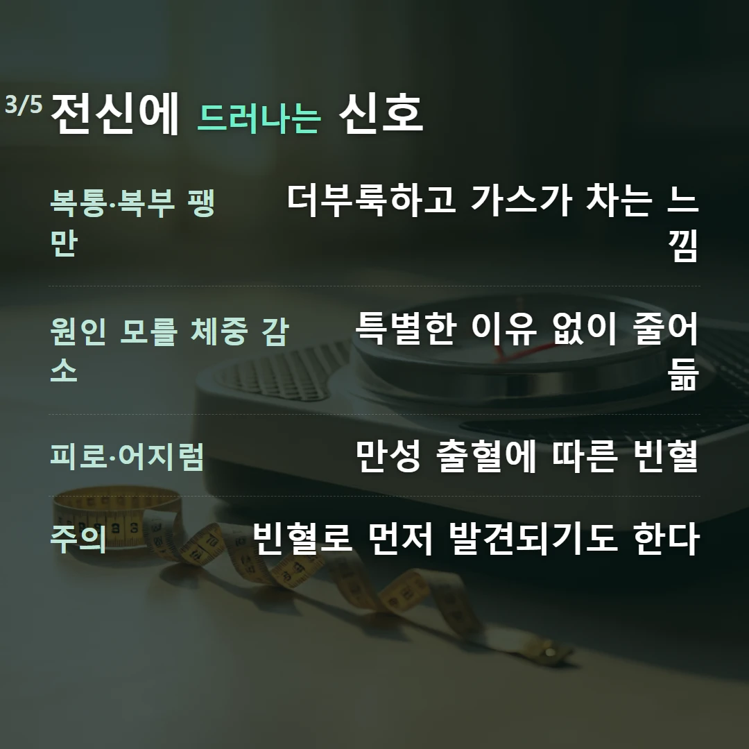 전신에 드러나는 신호 — 복통·복부 팽만 더부룩하고 가스가 차는 느낌, 원인 모를 체중 감소 특별한 이유 없이 줄어듦, 피로·어지럼 만성 출혈에 따른 빈혈, 주의 빈혈로 먼저 발견되기도 한다